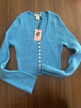 Sincerely Jules Ribbed Crop Cardigan in Ocean Blue